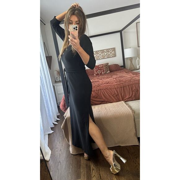 NWT Boston Proper Size Small Black 3/4 Sleeve Gold Grommet Maxi Dress - Picture 3 of 12